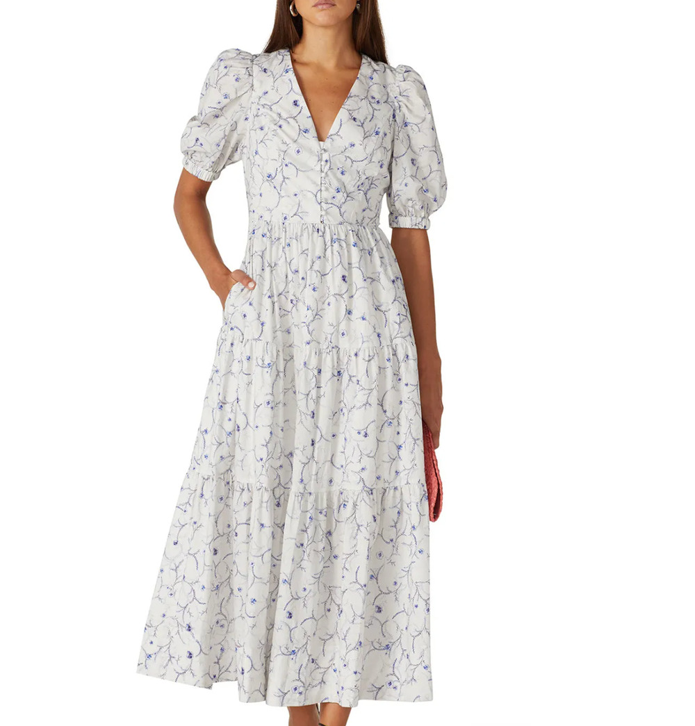 Nicholas White Floral Midi Dress SIZE 4 Cottage Cotton Prairie Tier Ruffle $600
